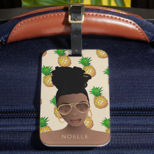 Black Woman, Gold Shades, Pineapple Pattern, Beige Luggage Tag