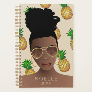 Black Woman, Gold Shades, Pineapple Pattern, Beige Planner