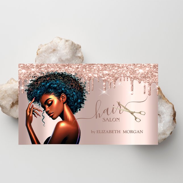 Black Woman Hairdresser Rose Gold Glitter Drips  Business Card (Creator Uploaded)