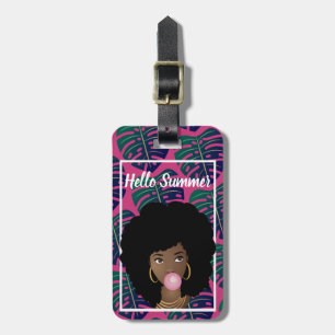 Black Woman, Hello Summer, Green Leaves, Hot Pink Luggage Tag