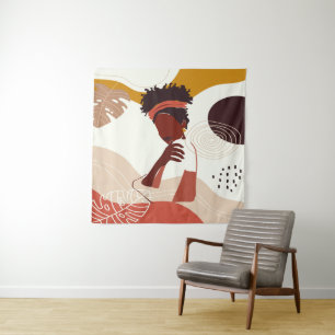 Black Woman Illustration Art, Portrait Print Throw Tapestry