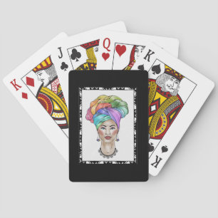 Black Woman in a Colourful Turban Playing Cards