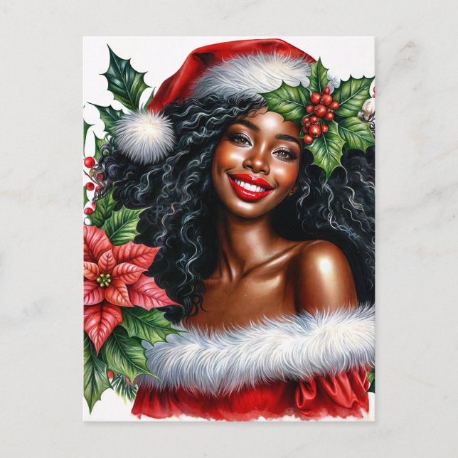 Black Woman In Santa Hat Christmas Postcard (Front)