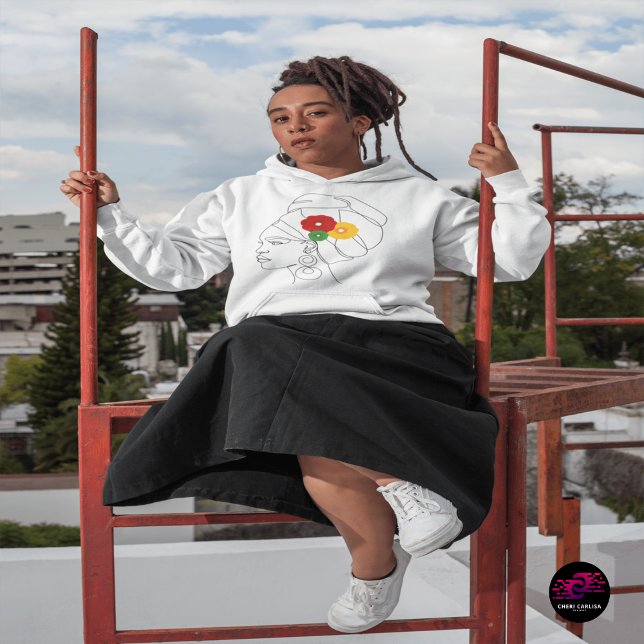 Black Woman Line Art Head Wrap Flowers Hoodie (Culture on full display. Hoodie doing what it does.)