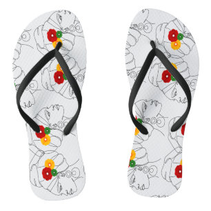 Black Woman Line Art Head Wrap Flowers Jandals