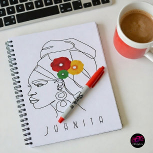 Black Woman Line Art Head Wrap Flowers Notebook