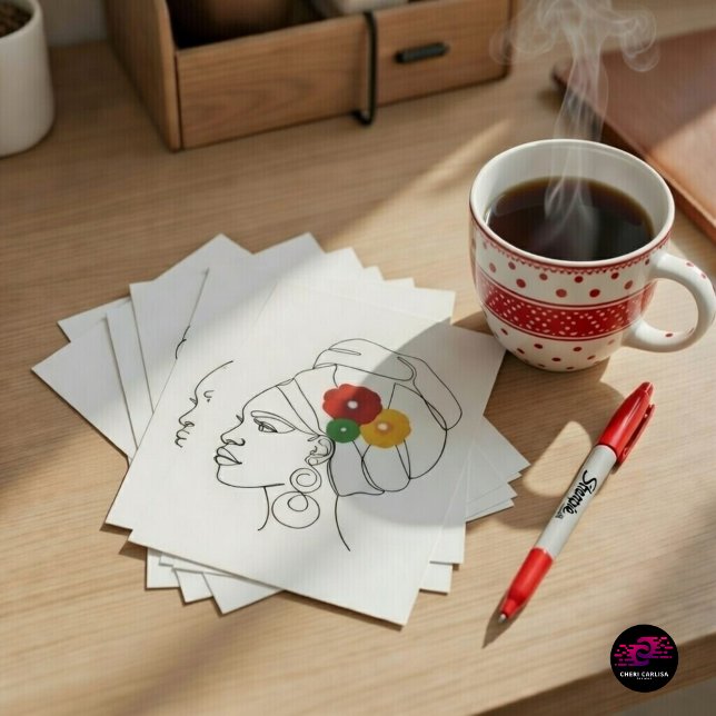 Black Woman Line Art Head Wrap Flowers Postcard (Message ready. Pride attached.)