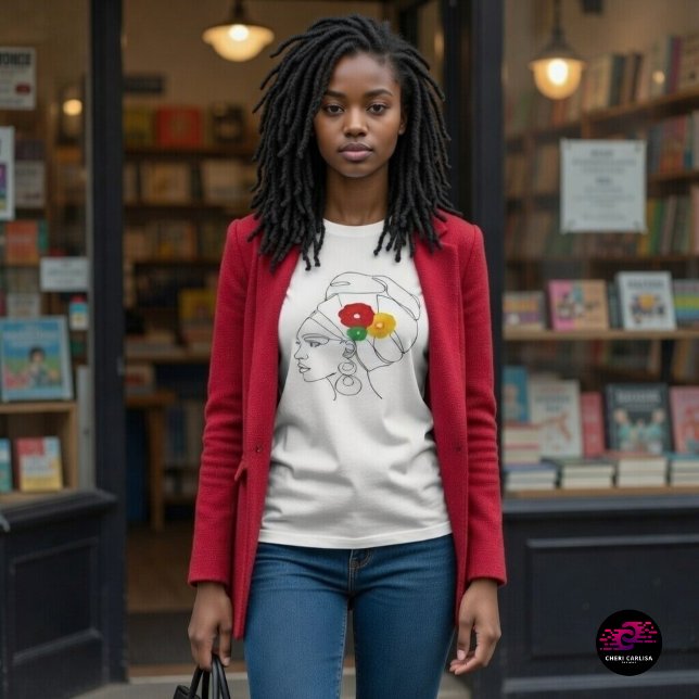 Black Woman Line Art Head Wrap Flowers T-Shirt (Books behind her. Culture in front. Black excellence in motion.)