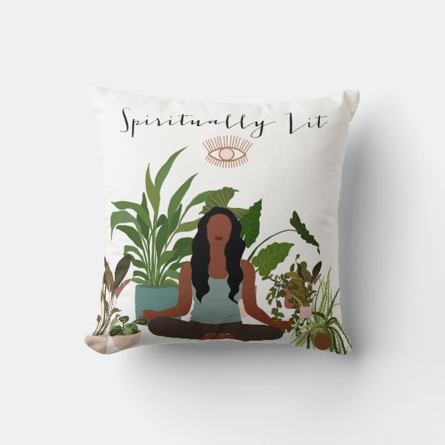 Black Woman Meditating Throw Pillow (Front)