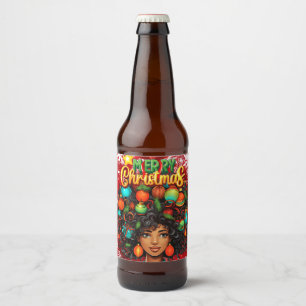 Black Woman Melanin Christmas Afro Natural Queen Beer Bottle Label