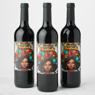 Black Woman Melanin Christmas Afro Natural Queen Wine Label