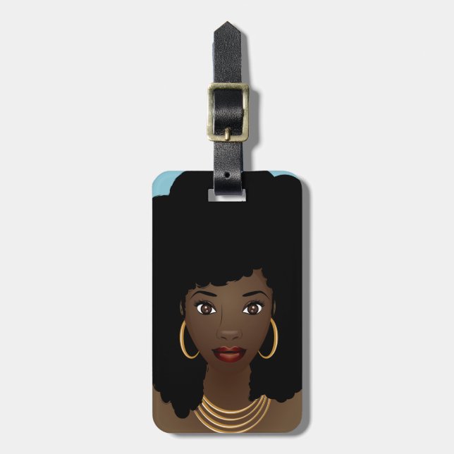 Black Woman, Natural Hair, Blue Luggage Tag (Front Vertical)