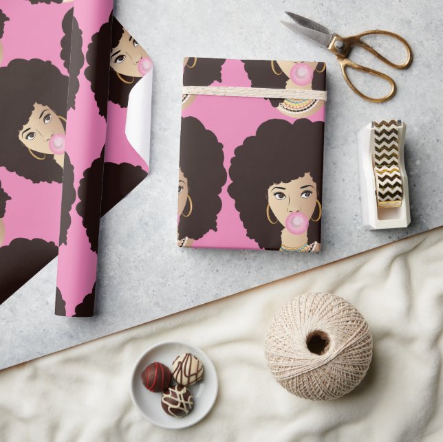 Black Woman, Natural Hair, Pink Bubblegum, Pink Wrapping Paper (Crafts)