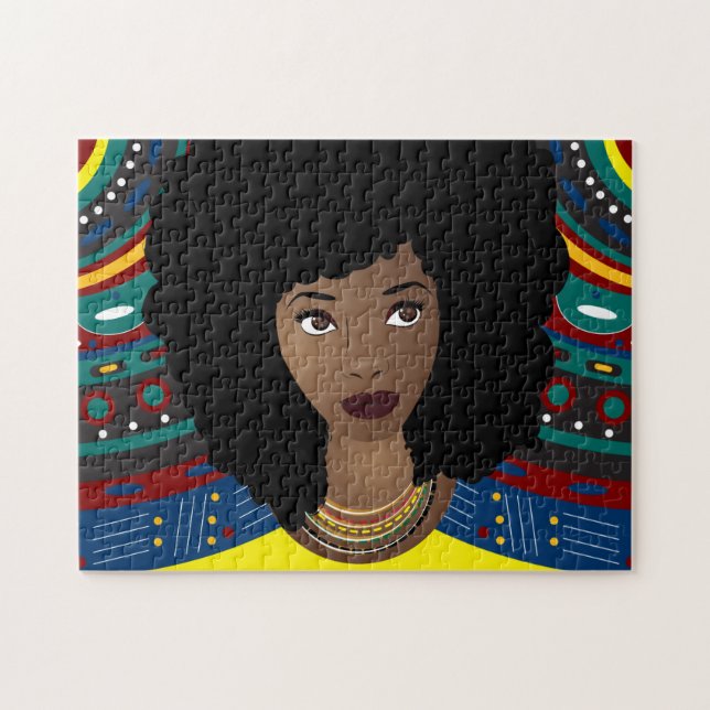 Black Woman, Natural Hair, Tribal Background Jigsaw Puzzle (Horizontal)