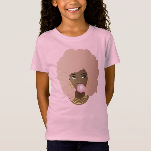 Black Woman, Pink Afro, Popping Pink Bubble Gum T-Shirt (Front)
