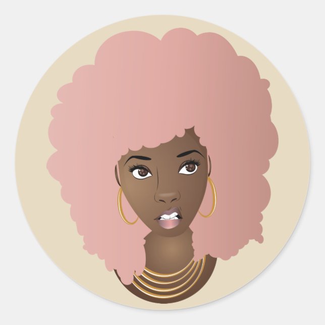 Black Woman, Pink Afro with Annoyed Expression Classic Round Sticker (Front)