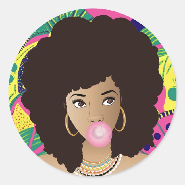 Black Woman, Pink Bubblegum, Colourful Classic Round Sticker (Front)