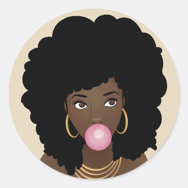Black Woman, Pink Bubblegum, Natural Hair, Beige Classic Round Sticker (Front)