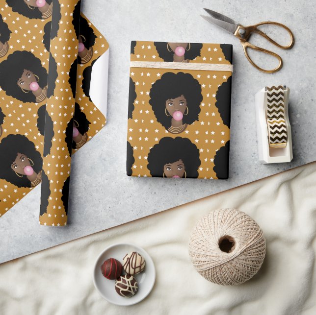 Black Woman, Pink Bubblegum, White Stars, Gold Wrapping Paper (Crafts)