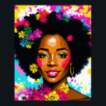 Black Woman Pop Art Multicolor Poster<br><div class="desc">This unique artwork features a beautiful black woman with natural afro hair in a vibrant pop art portrait with colourful flowers and a multicolor abstract background. A hint of the 70s aesthetic with bold,  bright colours,  this melanin beauty art can brighten any place!</div>