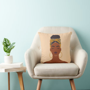 Black Woman Portrait, Head Wrap & Hoops Cushion