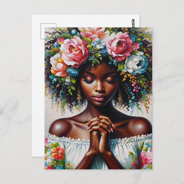 Black Woman Praying Colourful Floral Art Postcard (Front/Back)