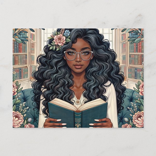 Black Woman Reading Book Wearing Glasses Postcard (Front)