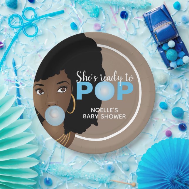 Black Woman, Ready to Pop, Bubblegum, Blue Paper Plate (Party)