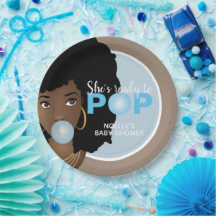 Black Woman, Ready to Pop, Bubblegum, Blue Paper Plate
