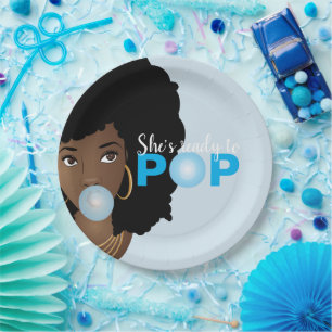 Black Woman, Ready to Pop, Bubblegum, Blue Paper Plate