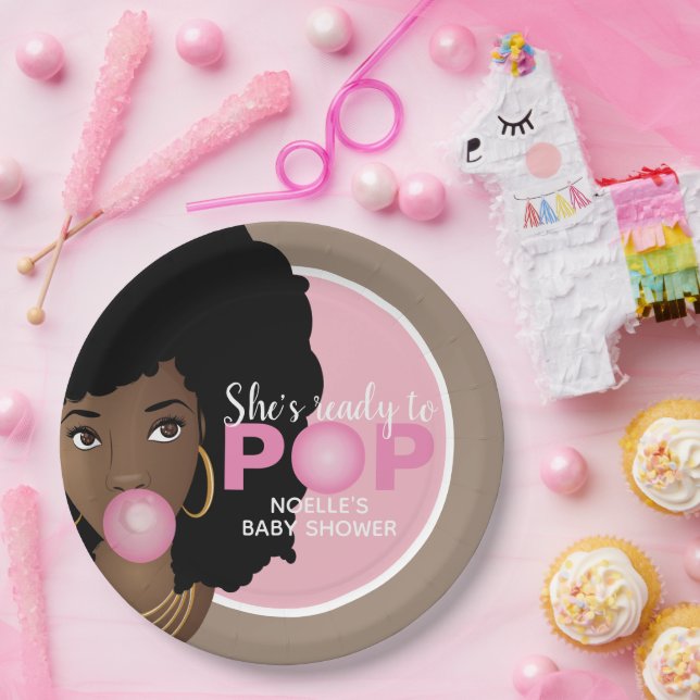 Black Woman, Ready to Pop, Bubblegum, Pink Paper Plate (Party)