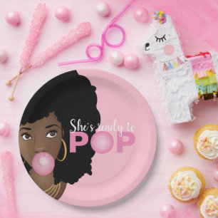 Black Woman, Ready to Pop, Bubblegum, Pink Paper Plate