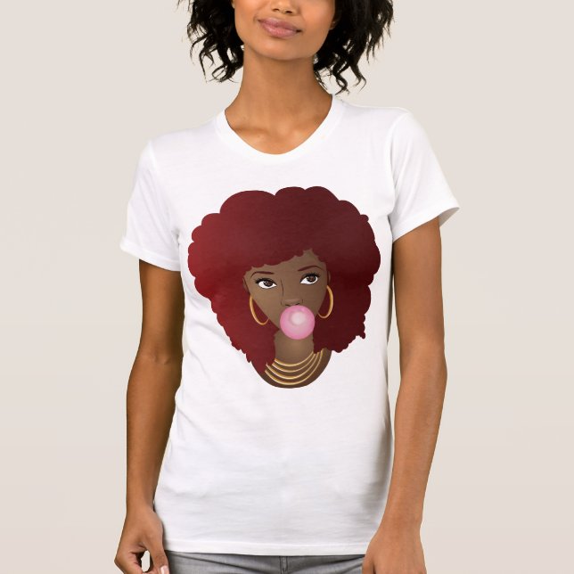 Black Woman, Red Afro, Popping Pink Bubblegum T-Shirt (Front)