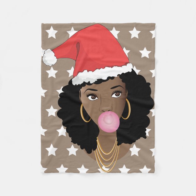 Black Woman, Red Santa Hat, Bubblegum, White Stars Fleece Blanket (Front)