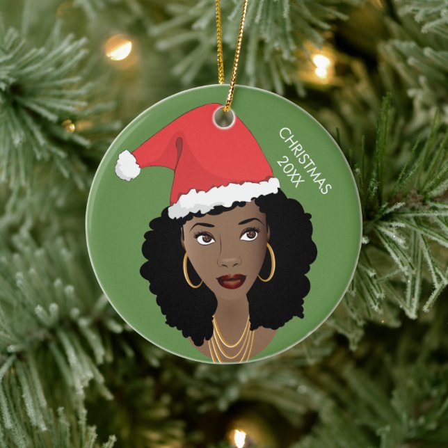 Black Woman, Red Santa Hat, Current Year, Green Ceramic Tree Decoration (Tree)