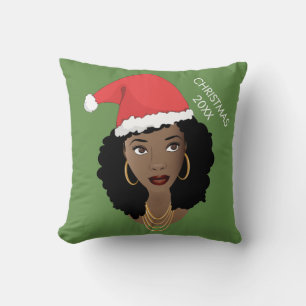 Black Woman, Red Santa Hat, Current Year, Green Cushion