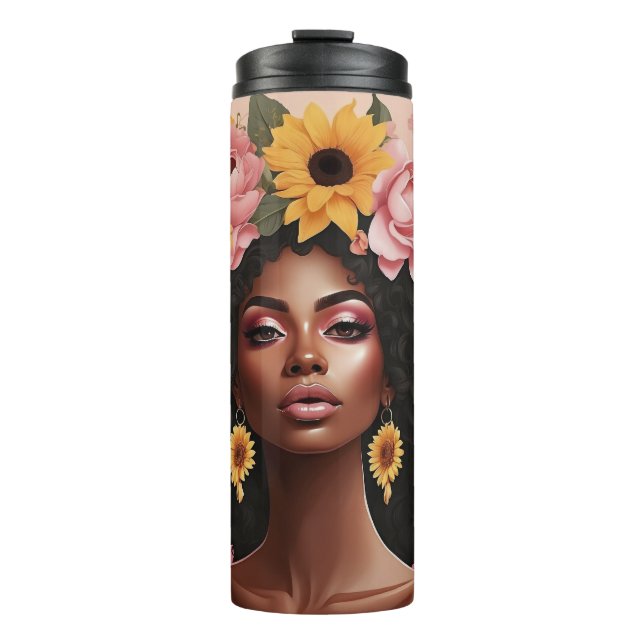 Black woman roses & sunflowers curly afro sista thermal tumbler (Front)