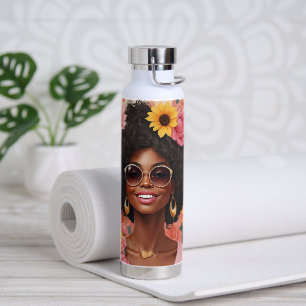 Black woman roses & sunflowers curly afro sista water bottle