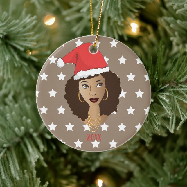 Black Woman, Santa Hat, White Stars Pattern, Brown Ceramic Tree Decoration (Tree)