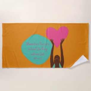Black Woman Scripture Heart Christian Orange Beach Towel