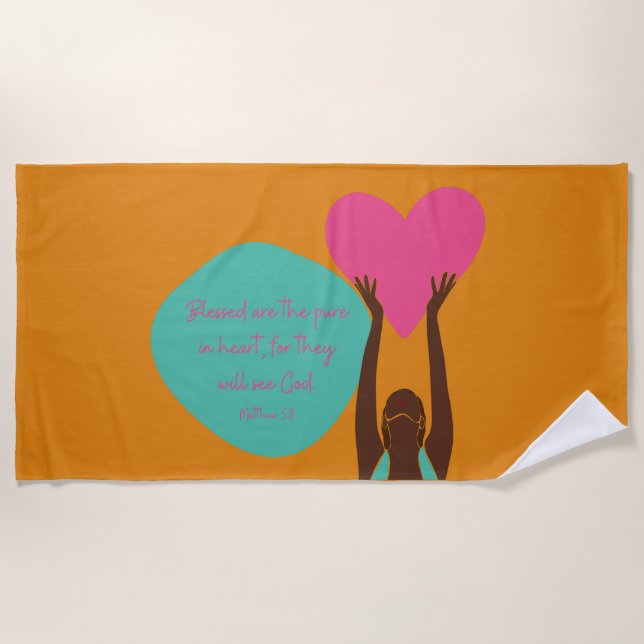 Black Woman Scripture Heart Christian Orange Beach Towel (Front)