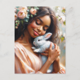 Black Woman Smiling With Cute Bunny Floral  Postcard