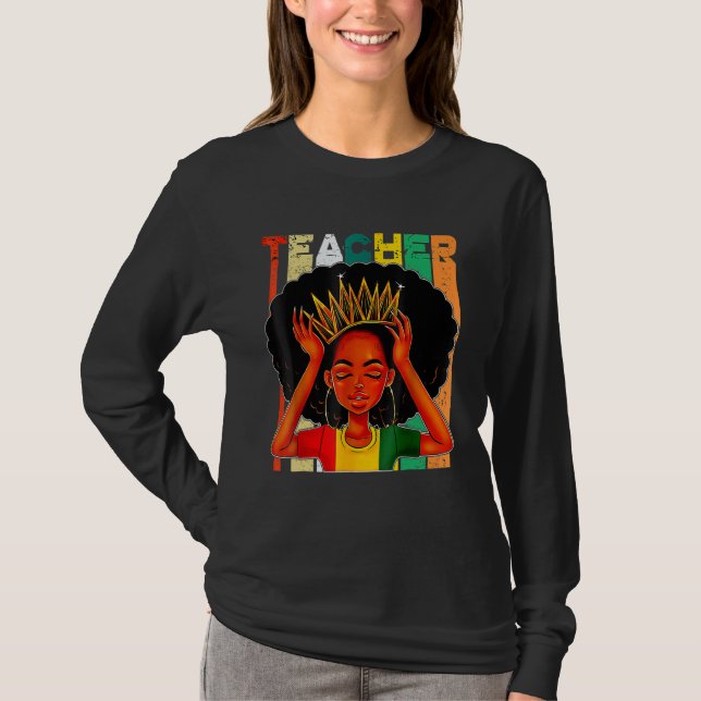 Black Woman Teacher Afro Retro Matching Black Hist T-Shirt (Front)