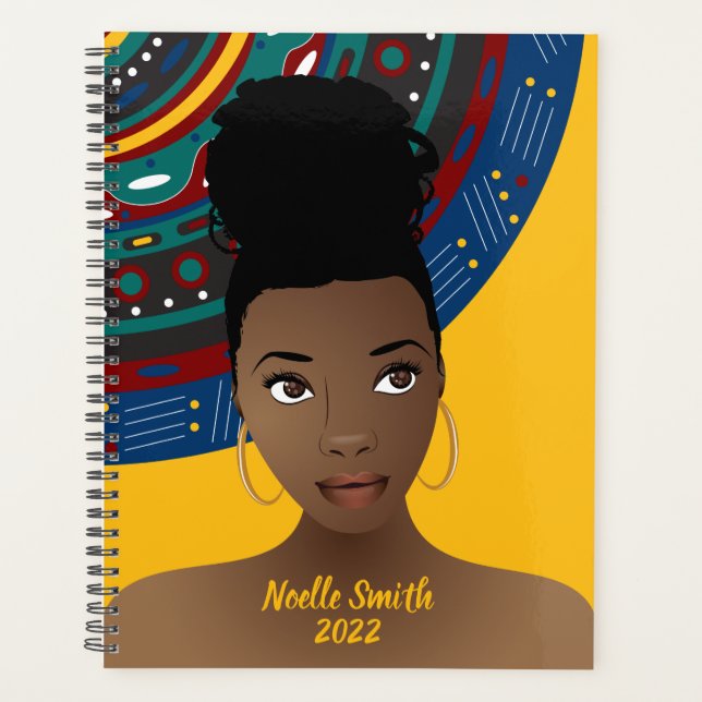 Black Woman, Tribal Inspired, Blue & Gold Planner (Front)