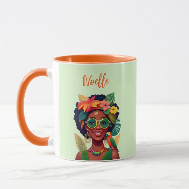 Black Woman, Tropical Flowers & Parrot Mug (Left)