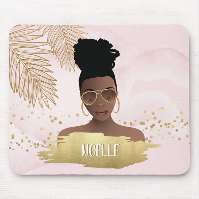 Black Woman, Tropical Gold Leaves & Shades, Pink Mouse Pad (Front)