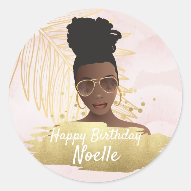 Black Woman, Tropical Golden Pink Birthday Classic Round Sticker (Front)