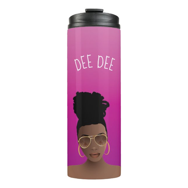 Black Woman w/Gold Shades & High Bun, Pink Magenta Thermal Tumbler (Front)