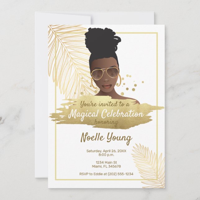 Black Woman w/Shades, Tropical Golden Birthday Invitation (Front)