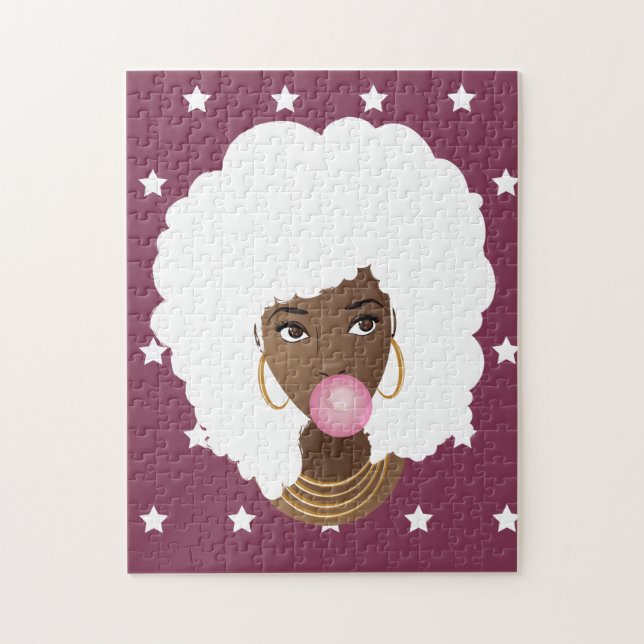 Black Woman w/White Afro, Bubblegum, Stars Purple Jigsaw Puzzle (Vertical)